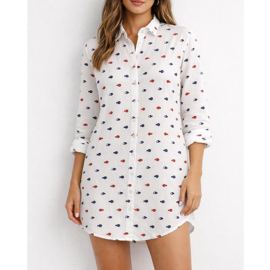 For Cynthia Linen Long Sleeve Embroidered Fish Print Mini Cover Up Shirt Dress M