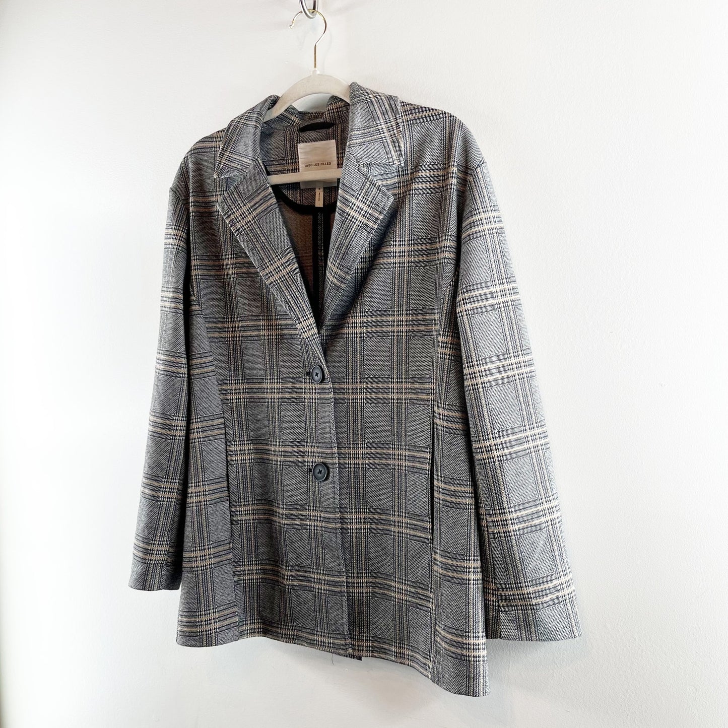 Avec Les Filles Anthropologie Oversized Longline Plaid Blazer Jacket Gray Small