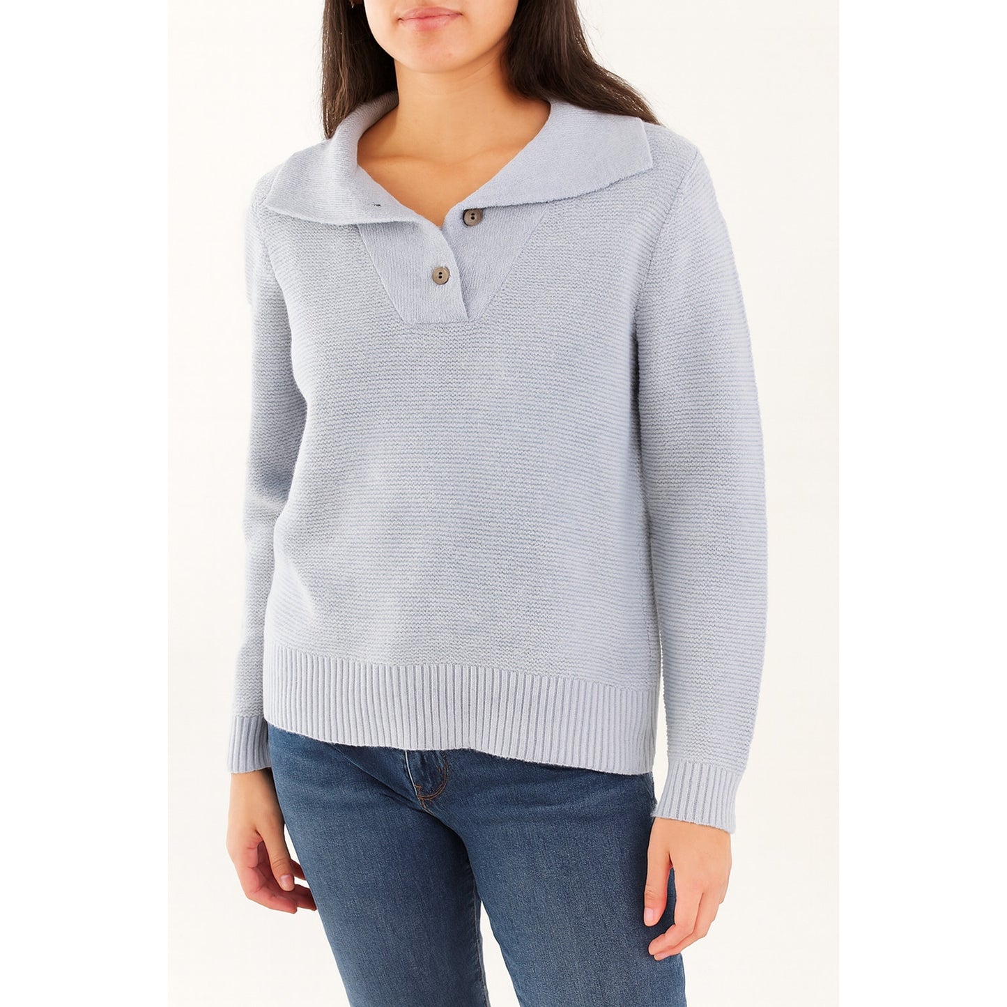 Talbots Button Front Ribbed Breton Long Sleeve Pullover Sweater Blue Small