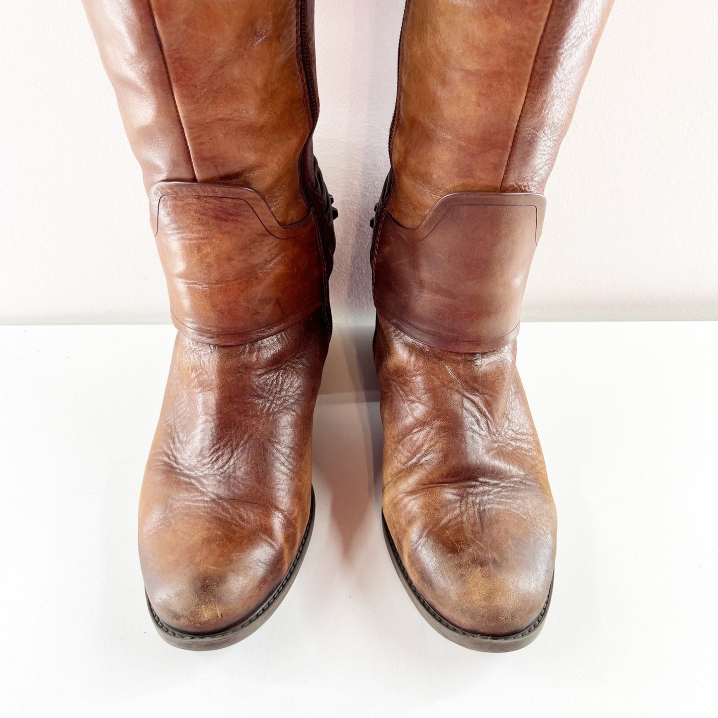 Vince Camuto Leather Beatrix Block Stacked Heel Knee High Riding Boots Brown 7.5