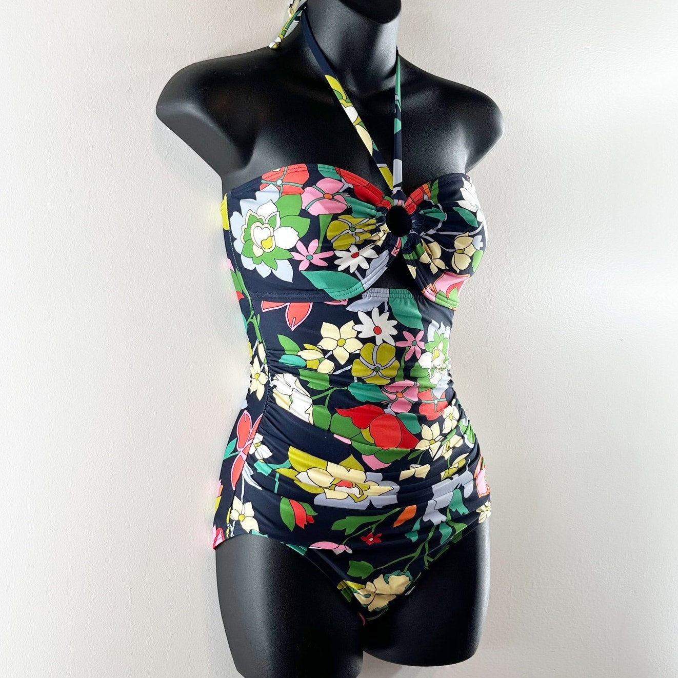 Kate Spade Drawstring Tie Front Bandeau One Piece Swimsuit Flower Bed Small