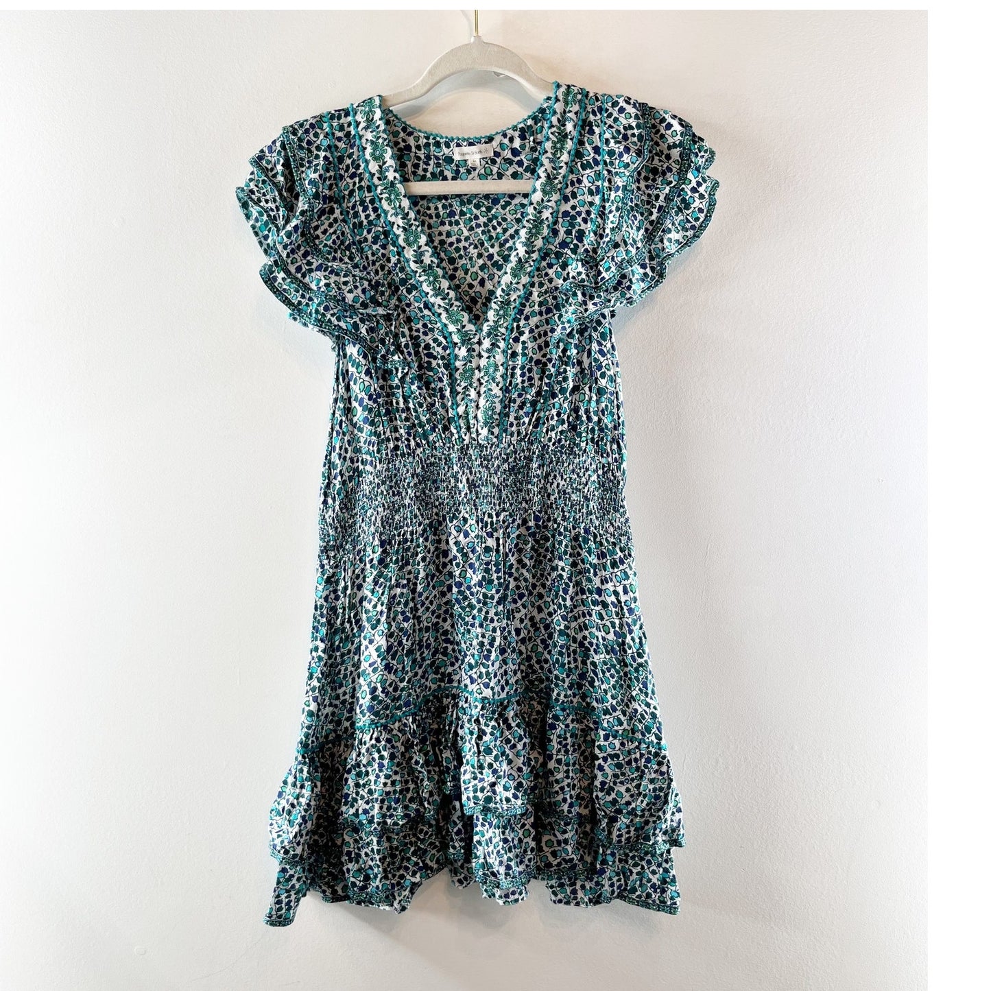 Poupette St. Barth Camila Printed V Neck Short Sleeve Mini Dress Green Medium