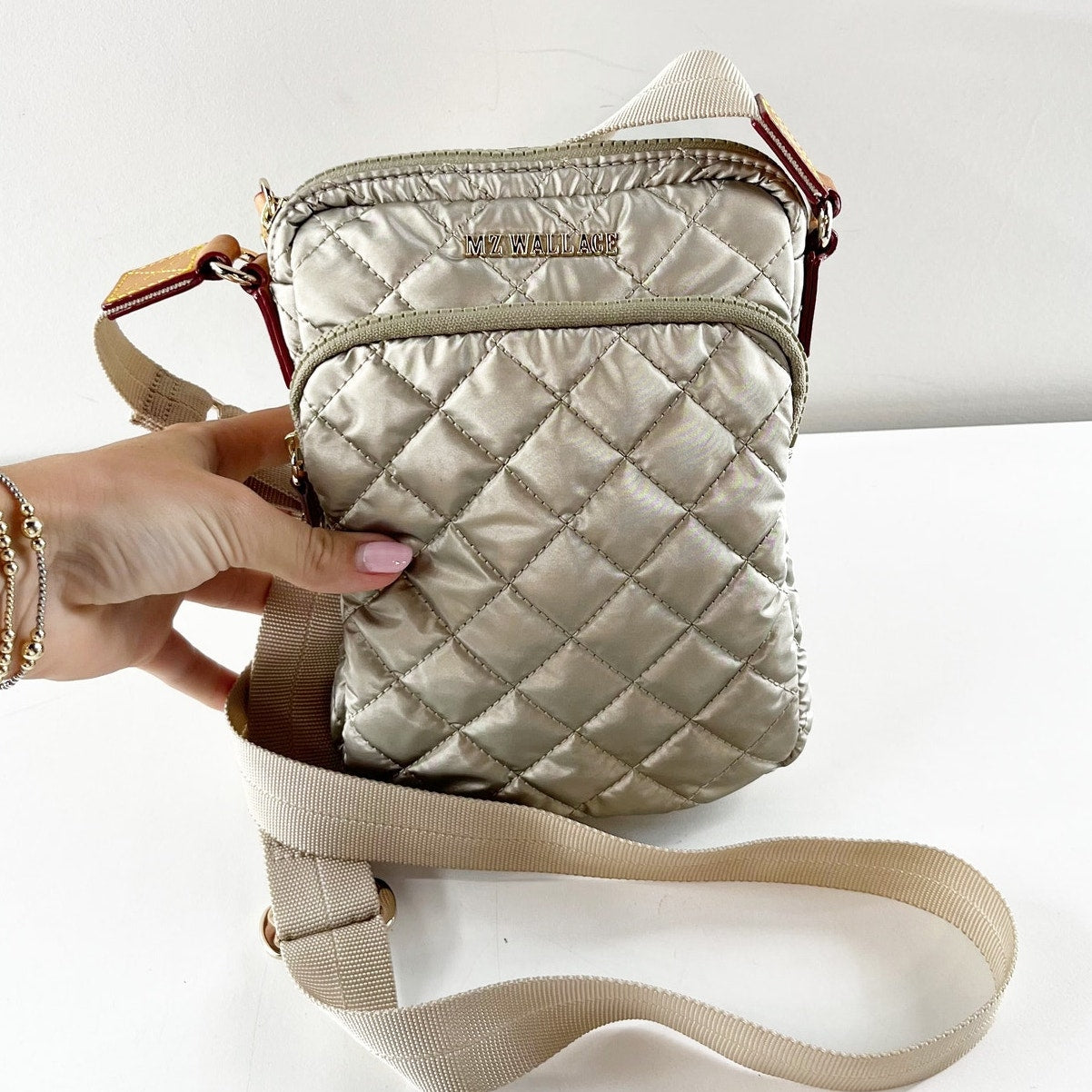 MZ Wallace Metro Quilted Crossbody Purse Bag Gold