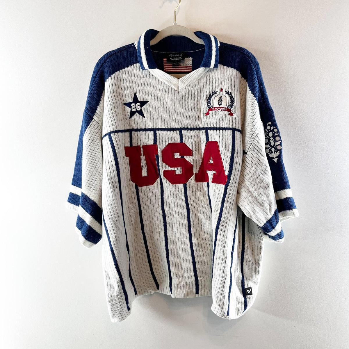 FP Movement Match Day USA Crochet Sweater Polo Jersey Red White Blue Large