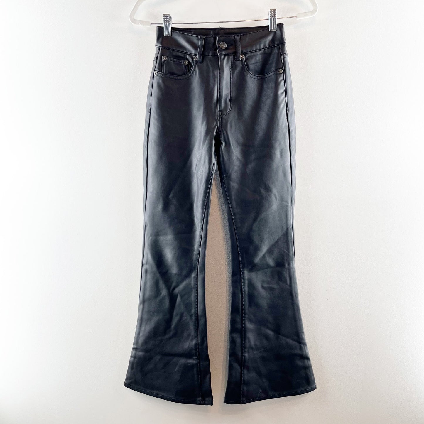 American Eagle Super High Rise Flare Faux Leather Pants Black 00 Short