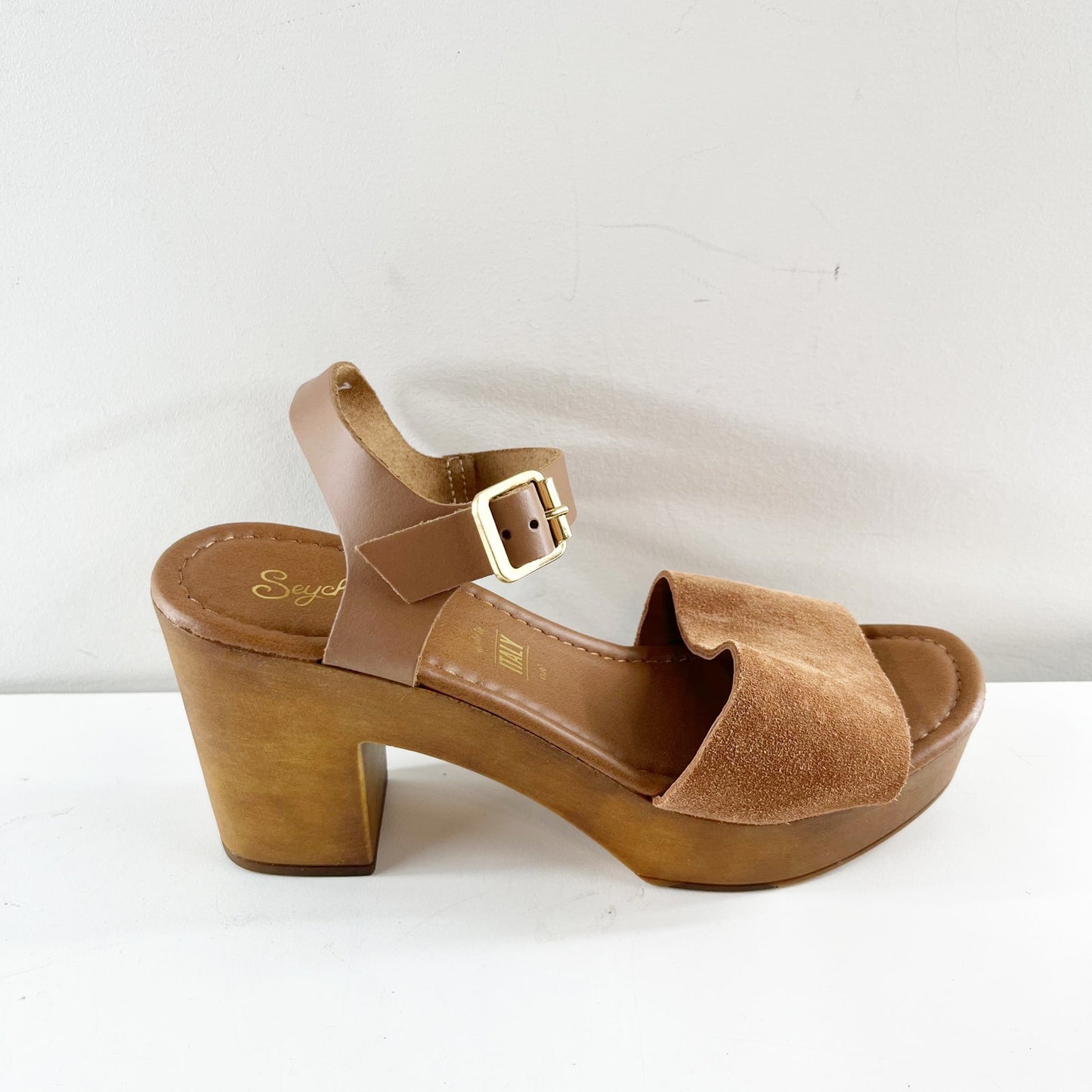 Seychelles Jump For Joy Wood Heel Leather Sandals Shoes Cognac Brown 7