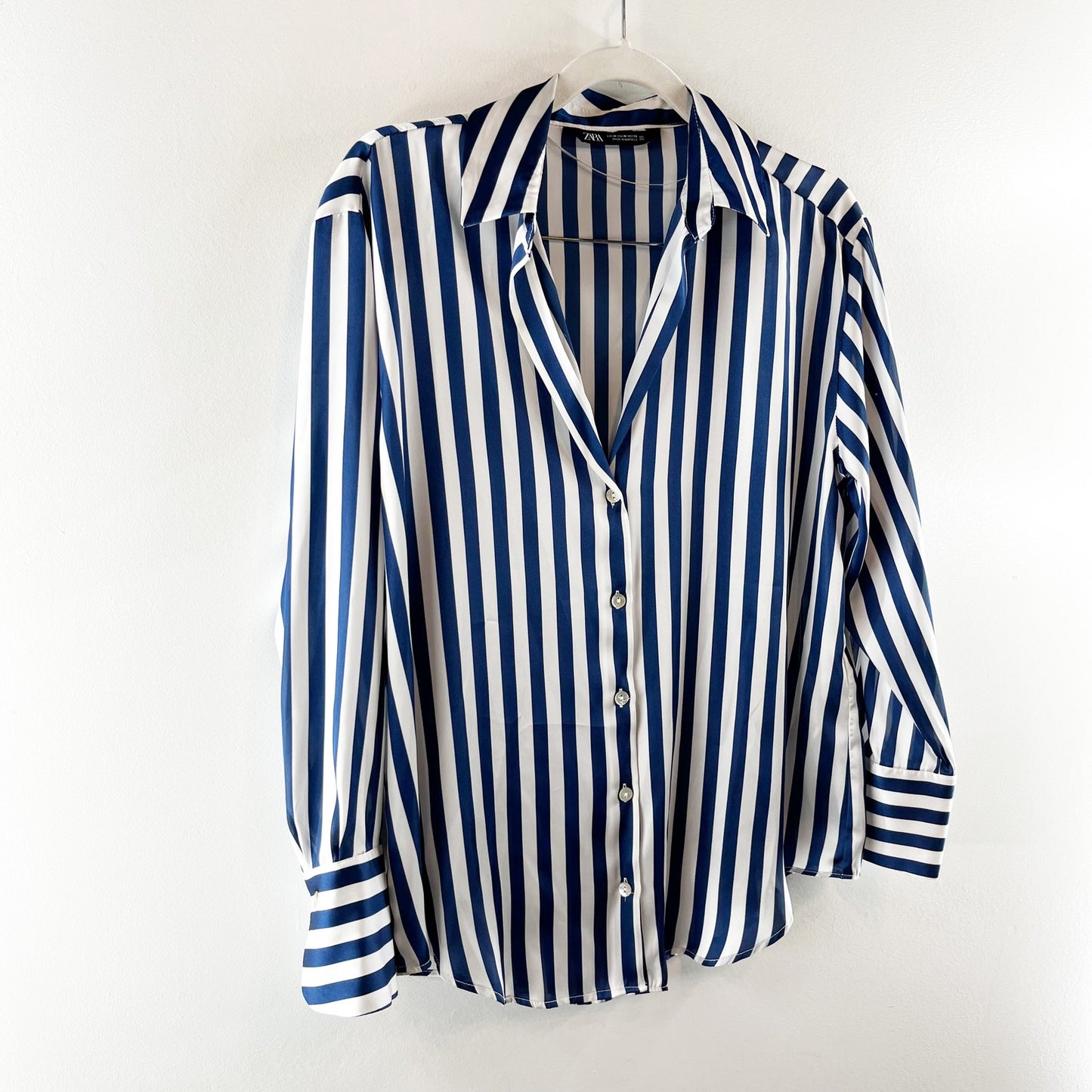 Zara Striped Print Long Sleeve Collared Button-Up Shirt Navy Blue White Medium