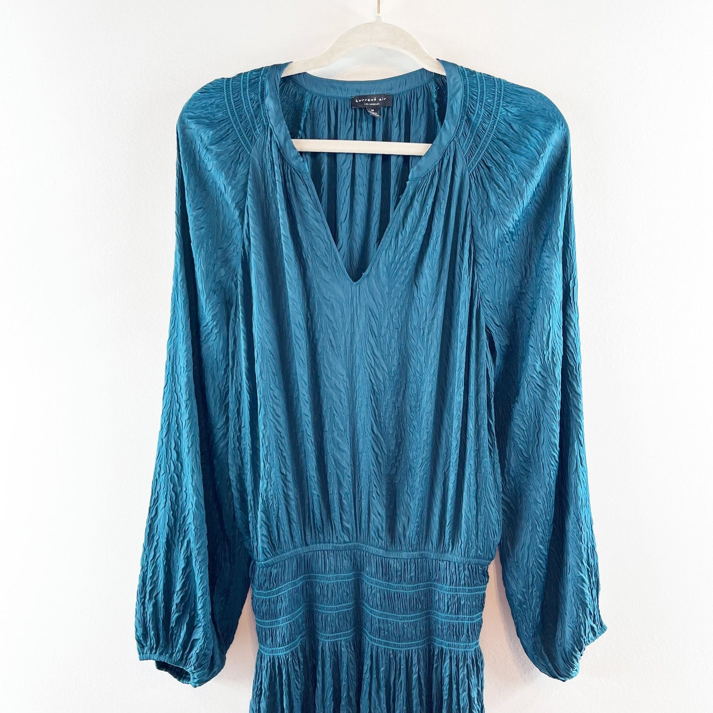 Current Air Long Sleeve Smocked Waist V Neck Satin Mini Dress Teal Medium
