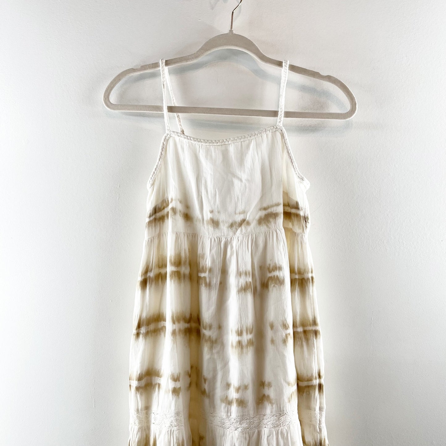 Aerie Cotton Tie Dye Tiered Maxi Sundress Dress Cream Tan XS NWT