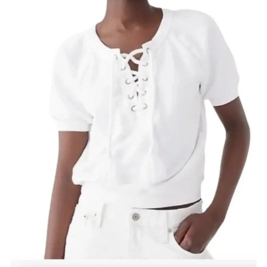 J. Crew University Terry Short-Sleeve Lace-Up Sweatshirt Top White Medium
