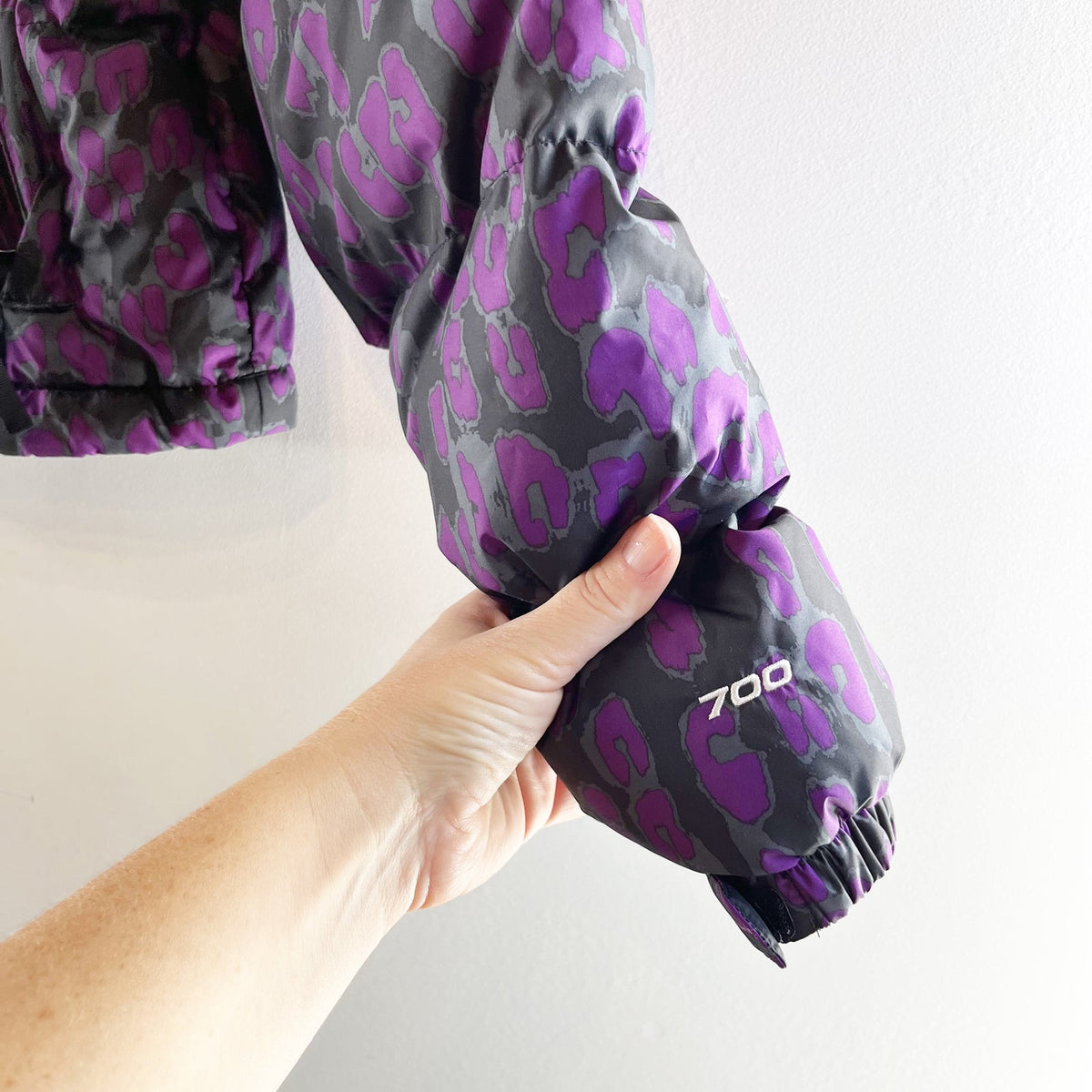 The North Face Purple Leopard Nuptse Cropped Puffer Jacket Small