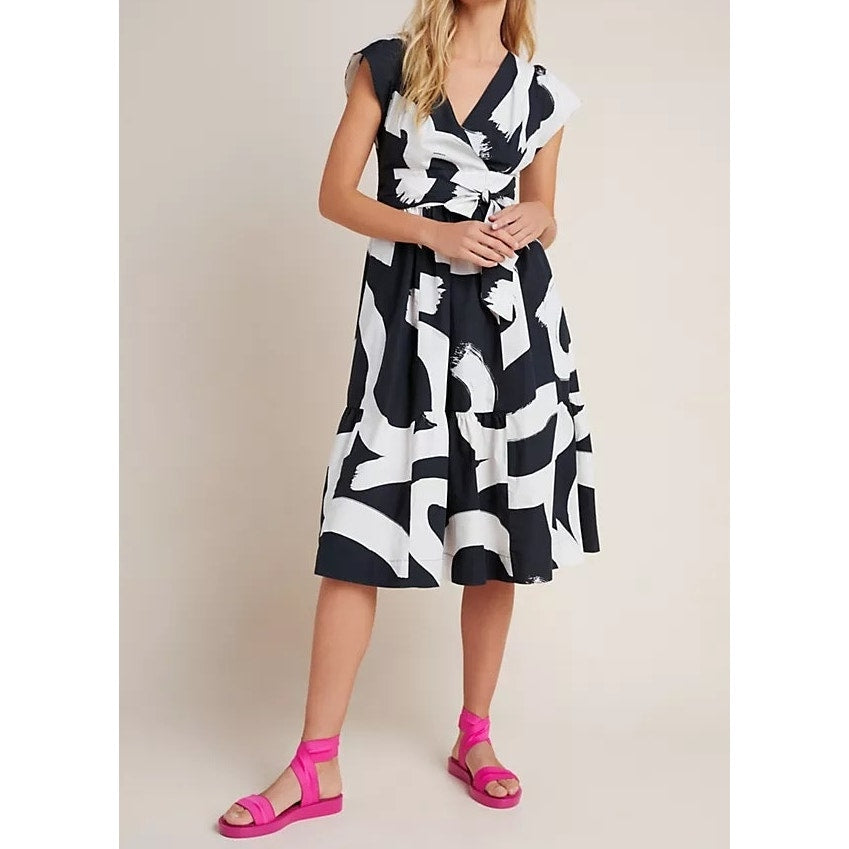 Maeve Anthropologie Mairead Short Sleeve Cotton Printed Midi Dress Black White 6