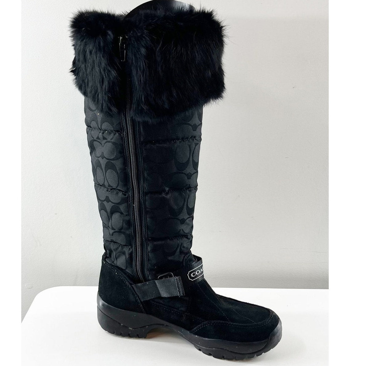 Coach Knee High Faux Fur Trim Signature C Logo Suzy Boots Black 8