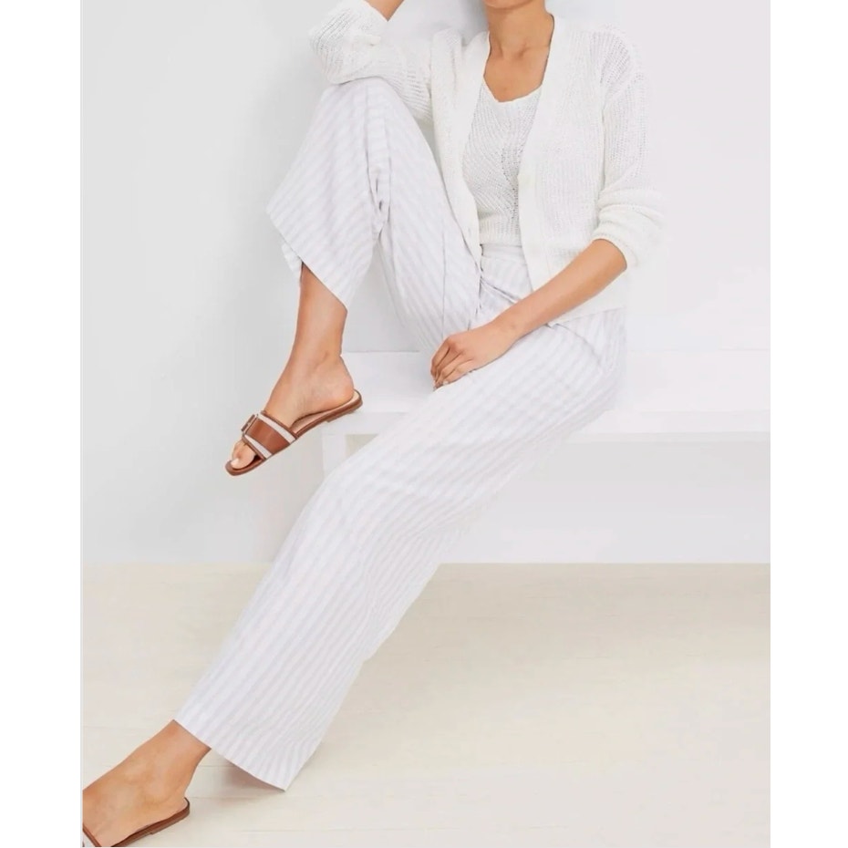 LOFT Linen Blend High Rise Wide Leg Striped Pants Cream Tan Beige Medium