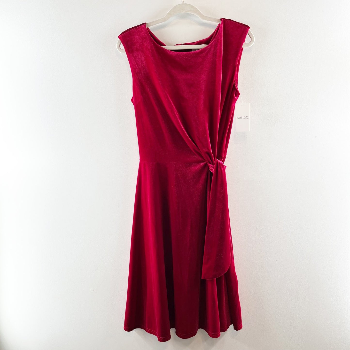 Tahari Sleeveless Wrap Tie Waist Velvet Knee Length Mini Dress Red 10