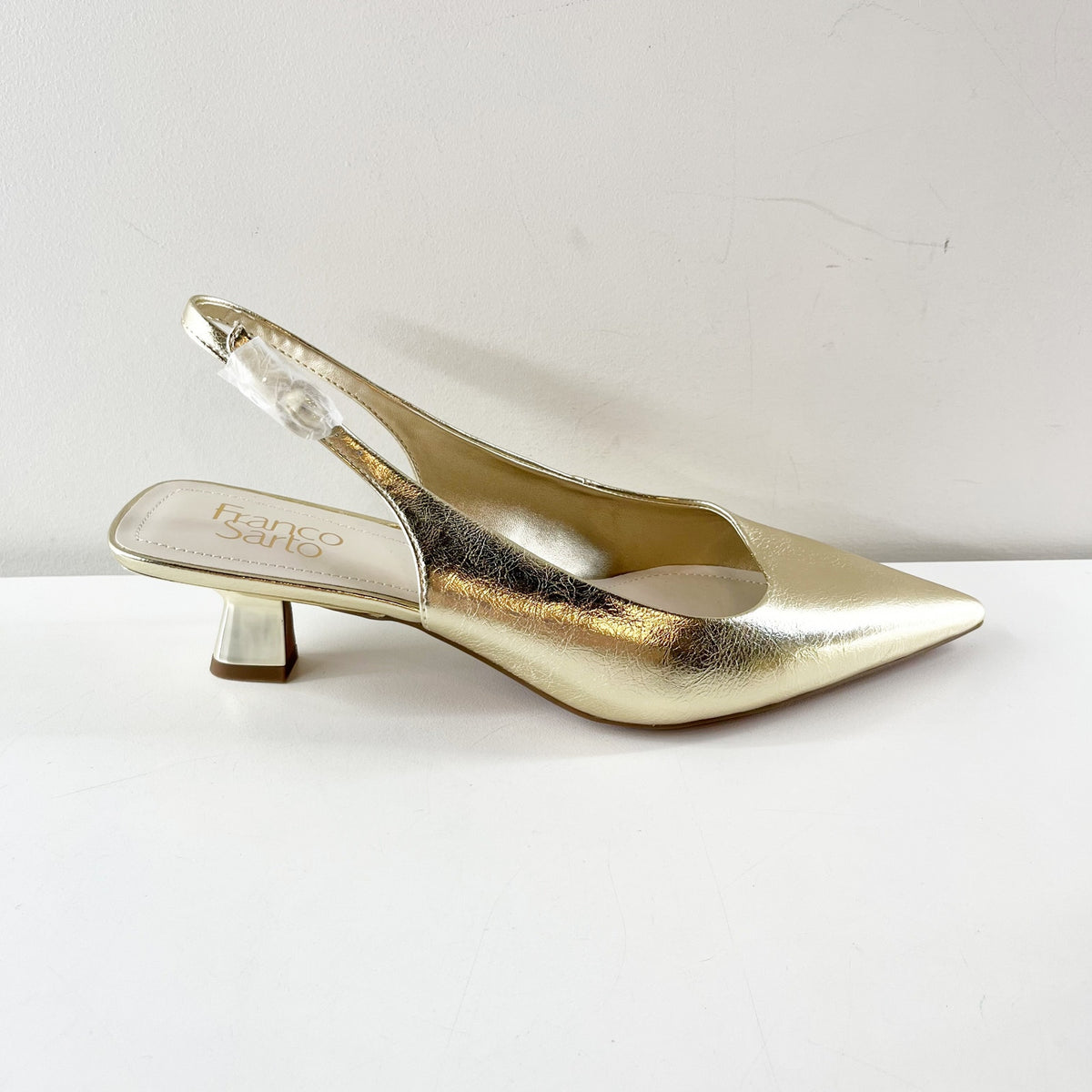 Franco Sarto Jaden Leather Pointed Toe Slingback Kitten Heels Platino Gold 9