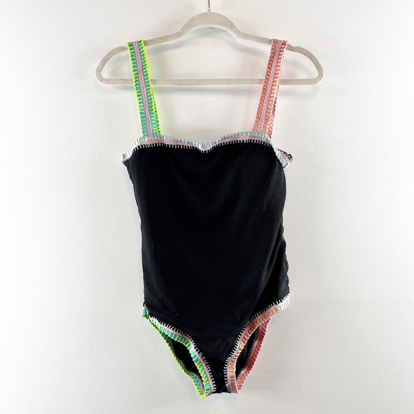 Platinum Swimwear Crochet Trim One Piece Swimsuit Black Large