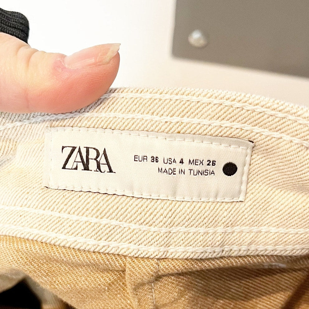 ZARA High Rise Marine Wide Leg Cropped Jeans Pants Tan Khaki 4