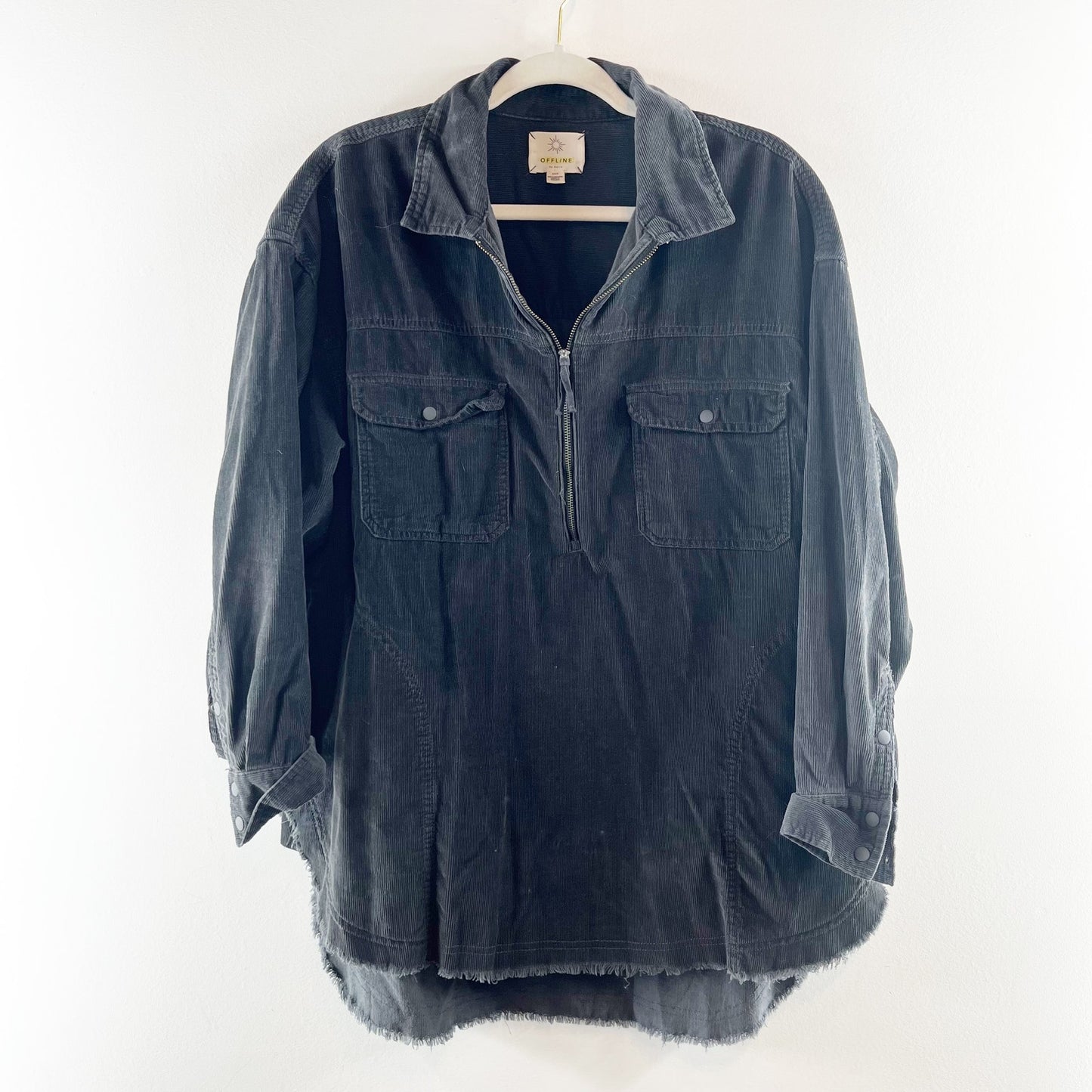 Aerie Offline Corduroy 1/2 Zip Long Sleeve Shirt Shacket Black Medium