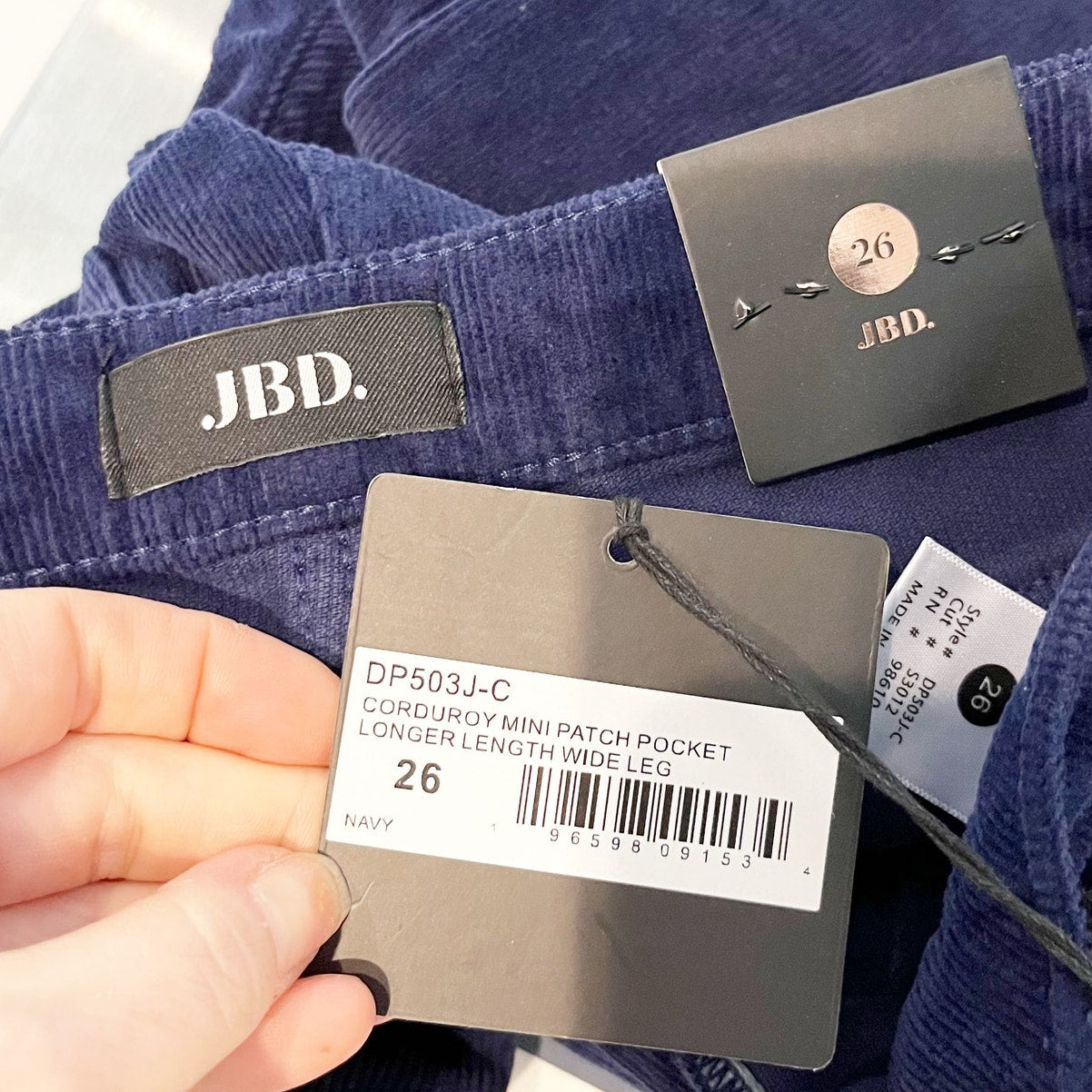 JBD Corduroy Mini Patch Pocket Longer Length Wide Leg Denim Jeans Navy 26