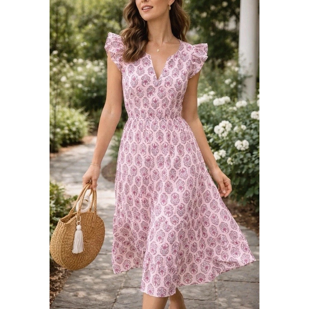 J. Crew Printed Ruffle Sleeve Cotton Midi Dress with Pockets Pink 6