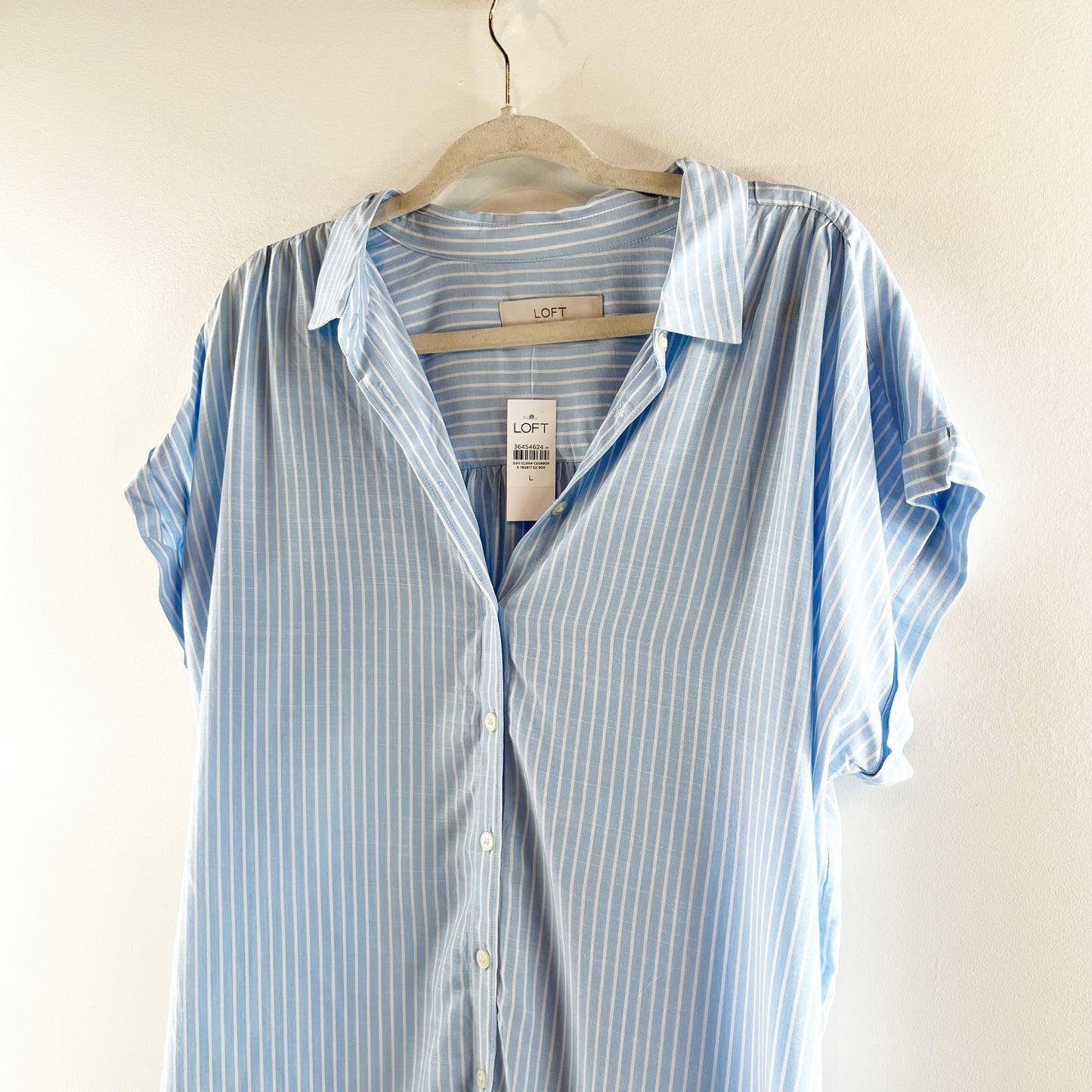 LOFT Striped Dolman Short Sleeve Button Up Shirt Blue Large