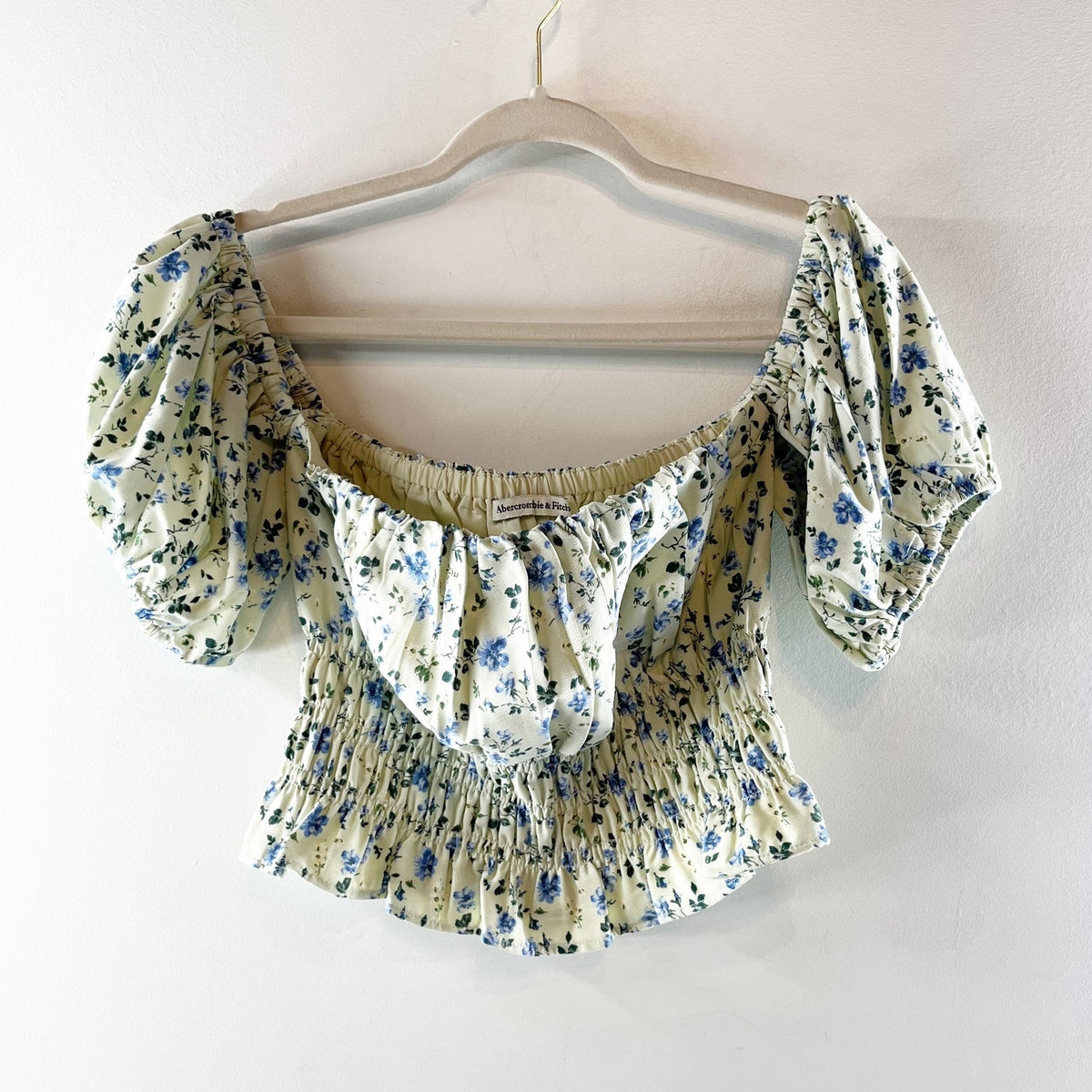 Abercrombie & Fitch Short Puff Sleeve Floral Smocked Crop Tap Yellow Blue Medium