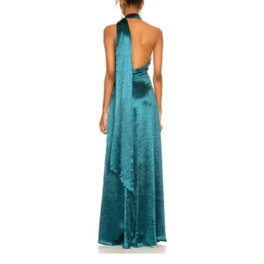 Lovers and Friends Kendall Satin Halter Open Back Sash Maxi Dress Gown Green S