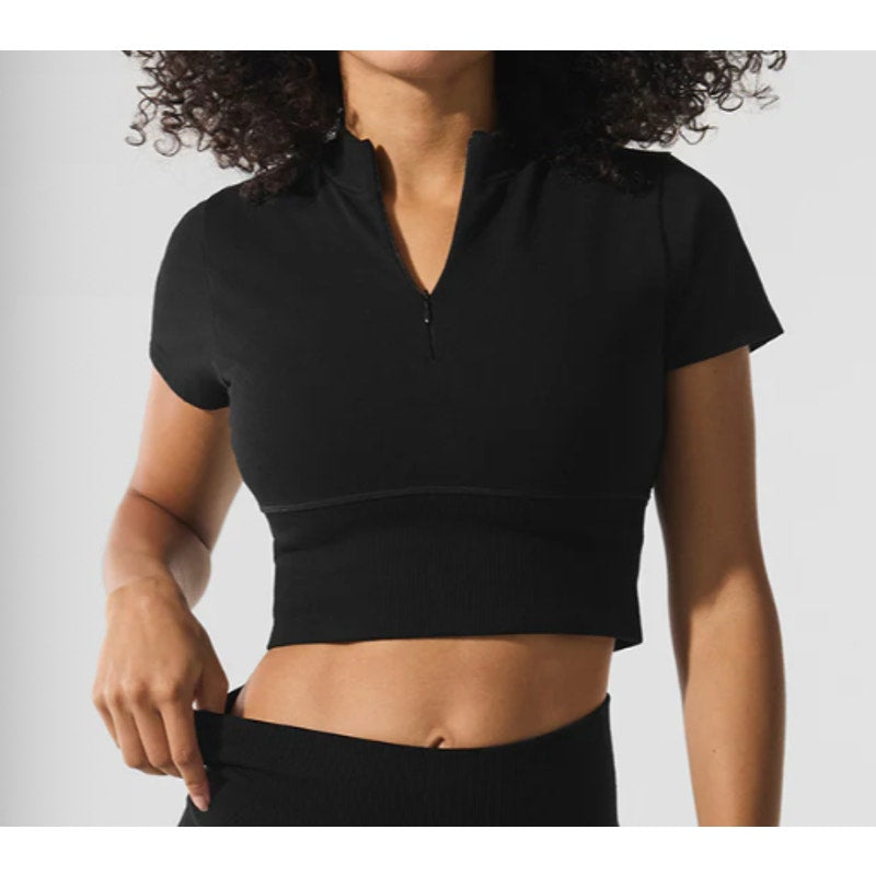 Alo Seamless Winter Warm Plush Cropped Short Sleeve Top Black XS
