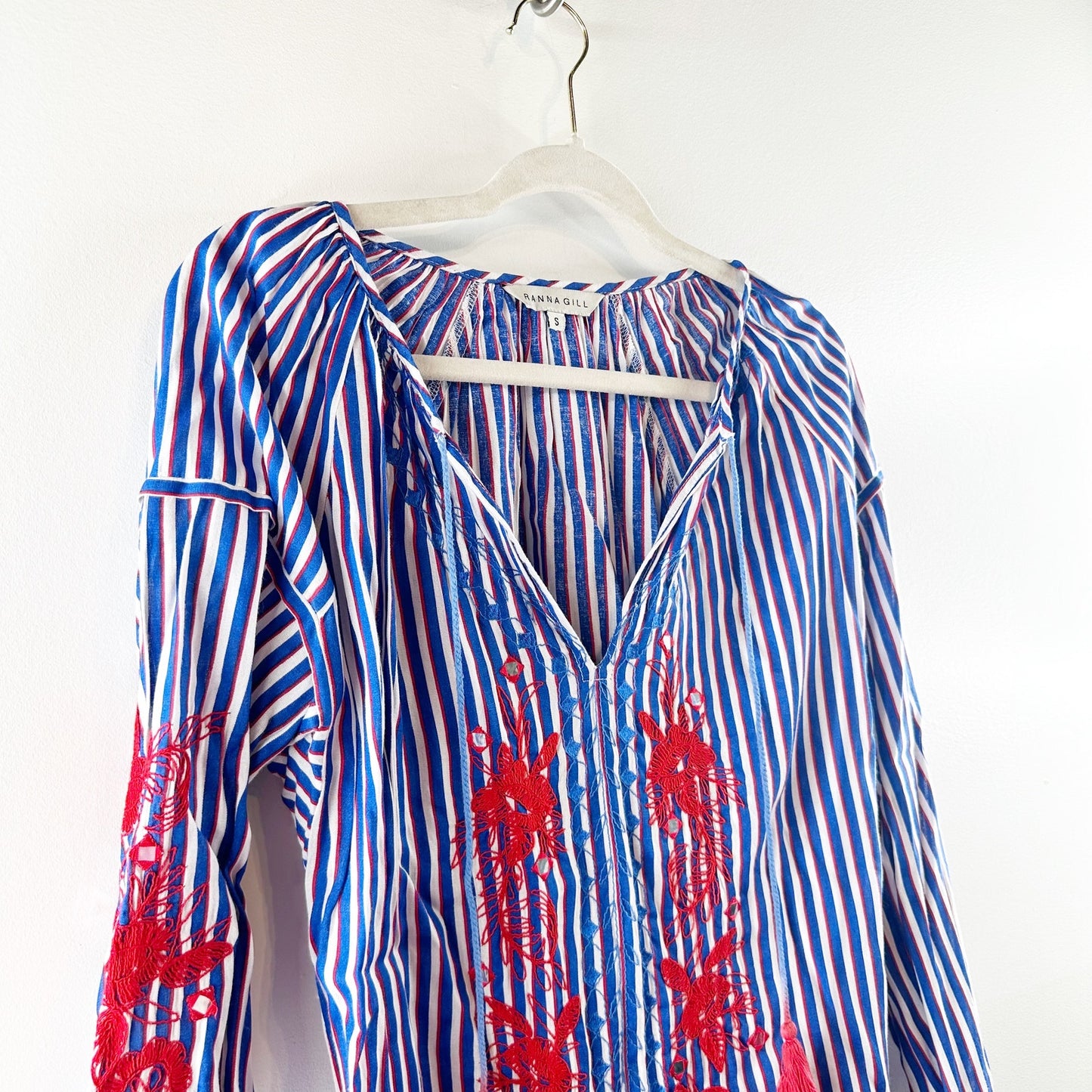 Anthropologie Ranna Gill Striped Long Sleeve Embroidered Peasant Blouse Blue S