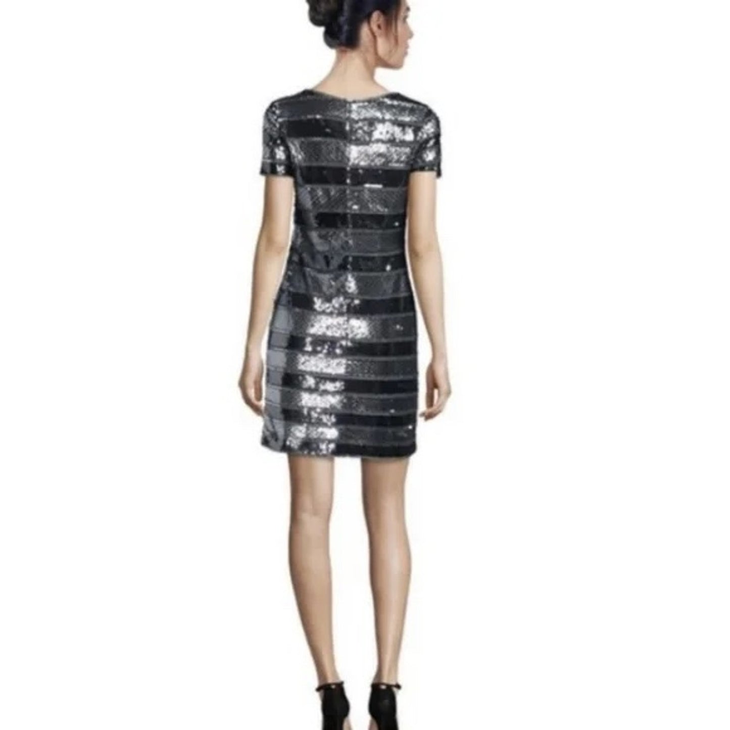 Aidan Mattox Striped Sequin Glitter Mini Cocktail Dress Blue Silver 2