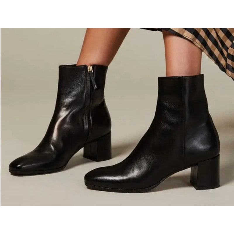M.Gemi Corsa Leather Side Zip Square Toe Block Heel Ankle Boots Black EU 36 US 6