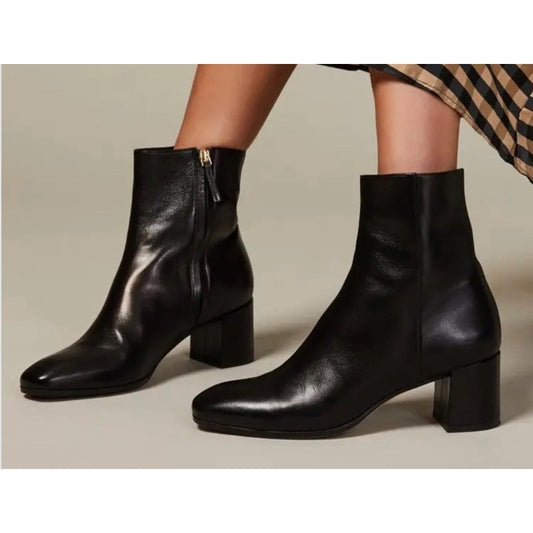 M.Gemi Corsa Leather Side Zip Square Toe Block Heel Ankle Boots Black EU 36 US 6