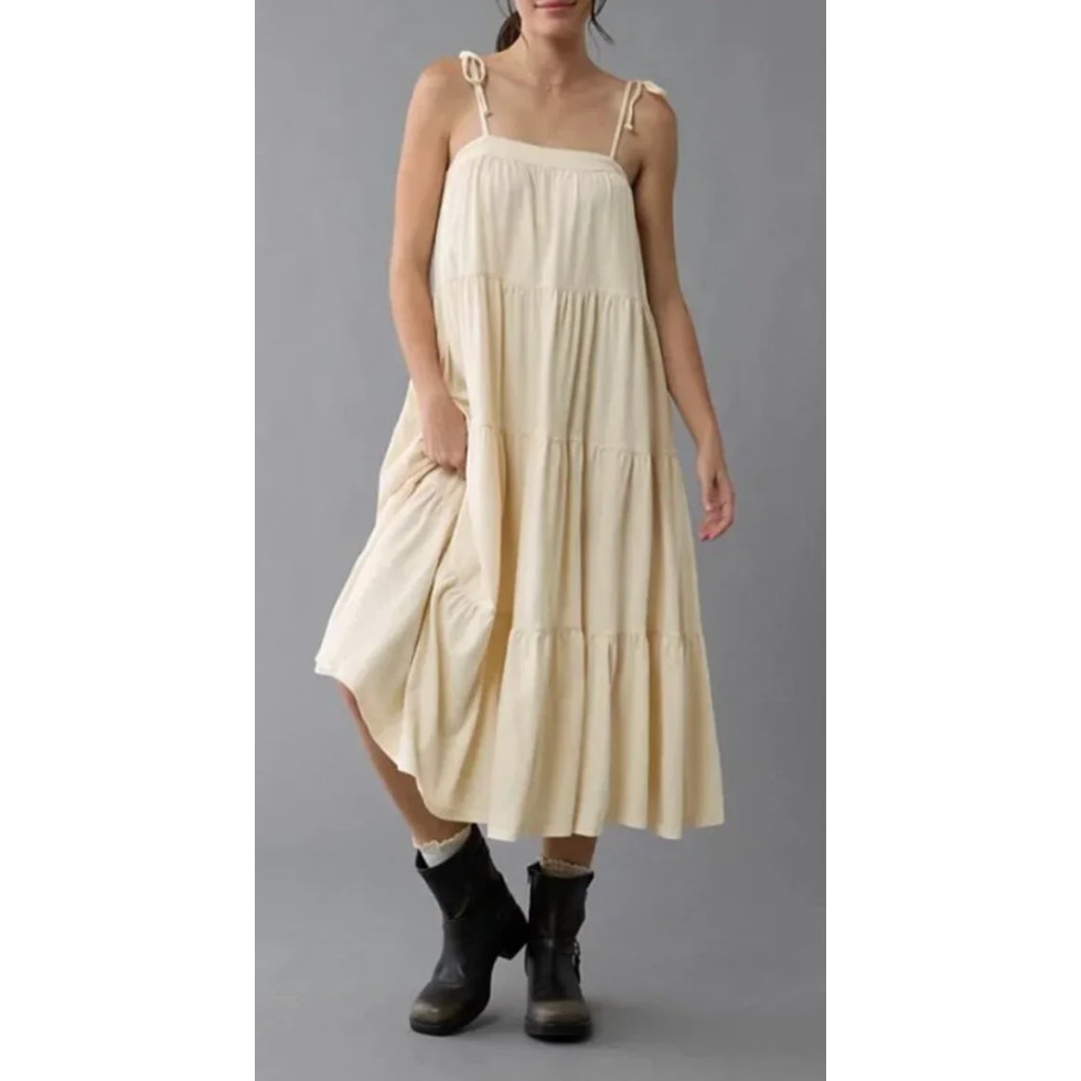 American Eagle Sunchaser Tie Shoulder Tiered Midi Sundress Dress Cream Small