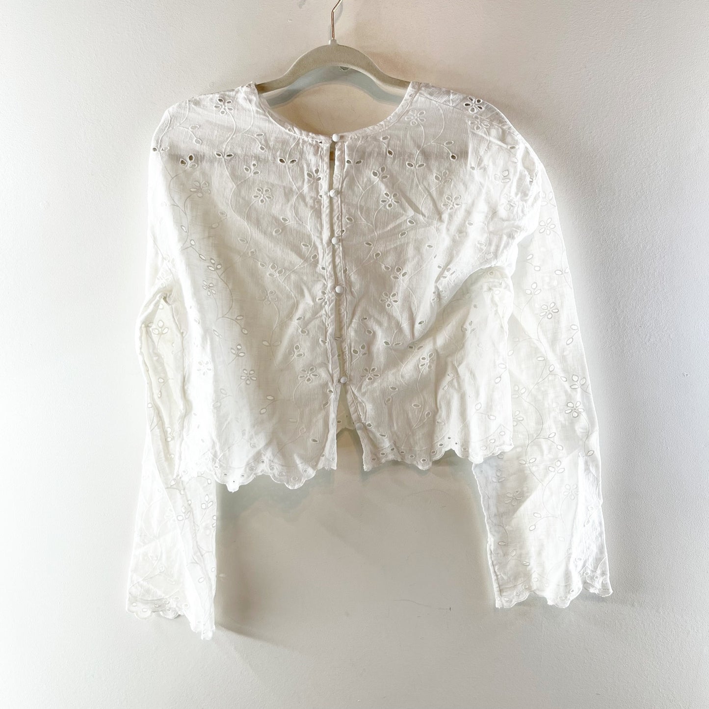 Free People Emma Eyelet Long Sleeve Scalloped Hem Blouse Top White Small