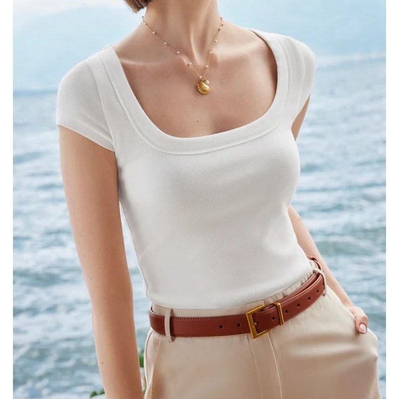 OGL Stretch Cotton Square Neck Cap Sleeve T-Shirt Top with Built-in Bra White S