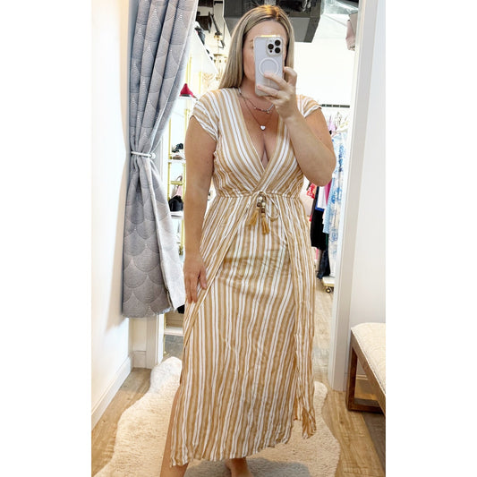 Blue Island Short Sleeve V Neck Striped Slit Cover Up Maxi Dress Tan White M