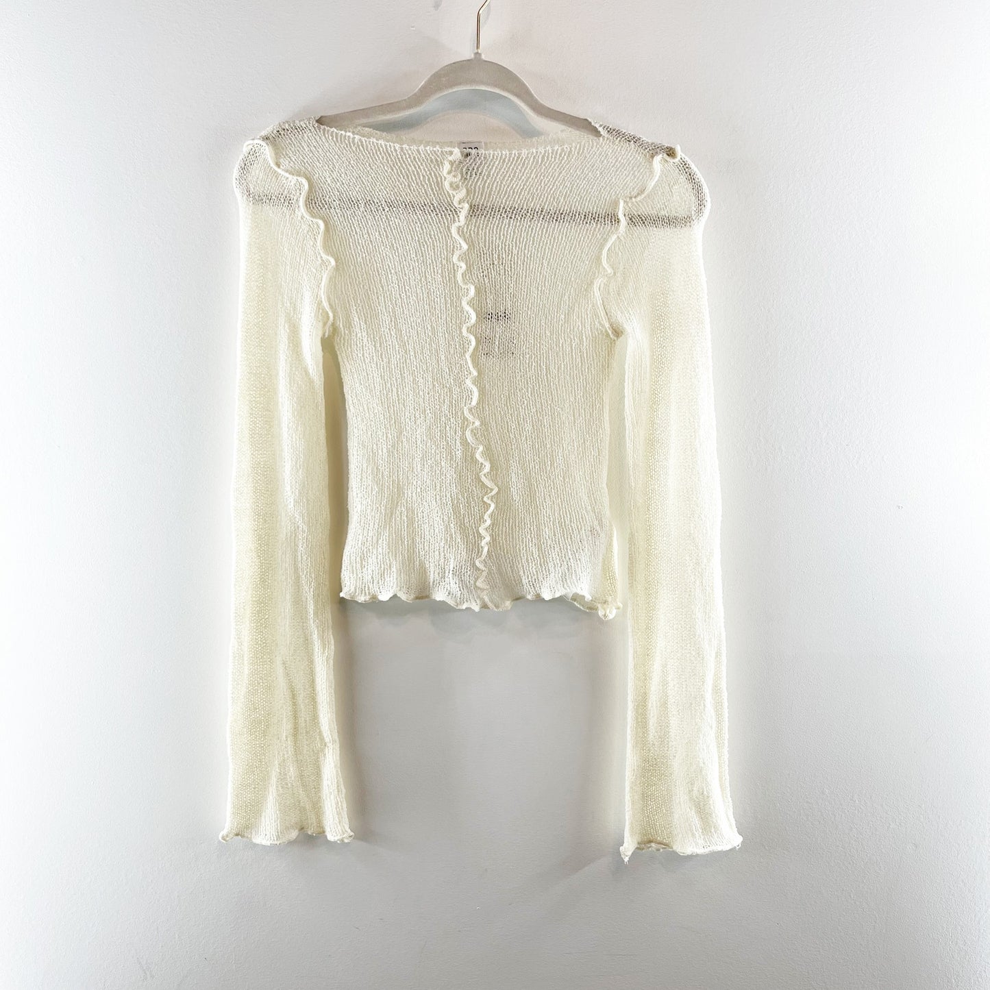 Urban Outfitters Sheer Boatneck Lettuce Trim Bell Sleeve Sweater Top Cream Small