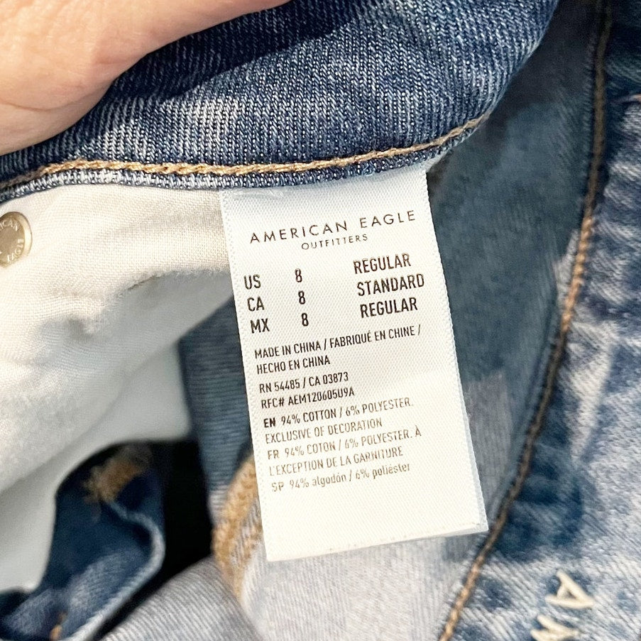 American Eagle High Rise Distressed Busted Knees Mom Jeans Blue 8