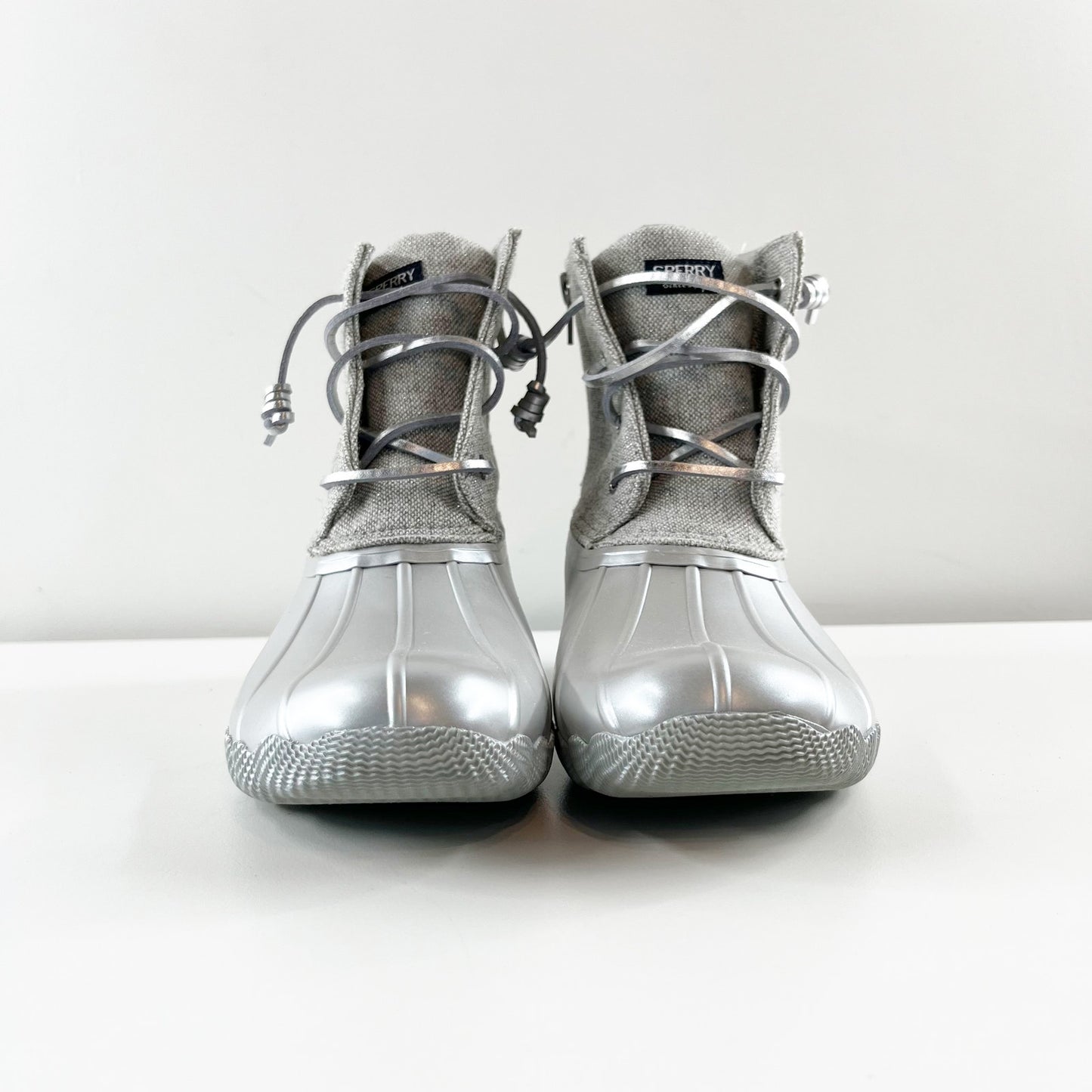 Sperry Saltwater Lace Up Rubber Duck Rain Boots Booties Gray Silver 5