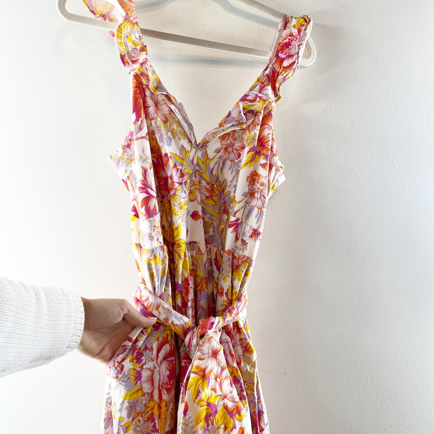 BHLDN Anthropologie Sadie V-Neck Fit & Flare Linen Floral Midi Dress Pink Medium