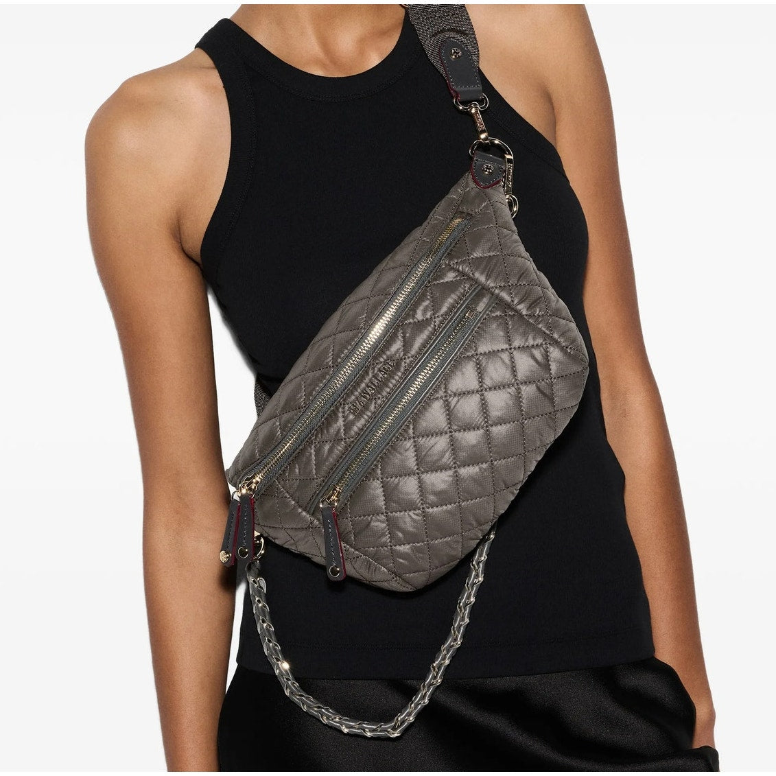 MZ Wallace Small Quilted Leather Crosby Crossbody Sling Bag Gray