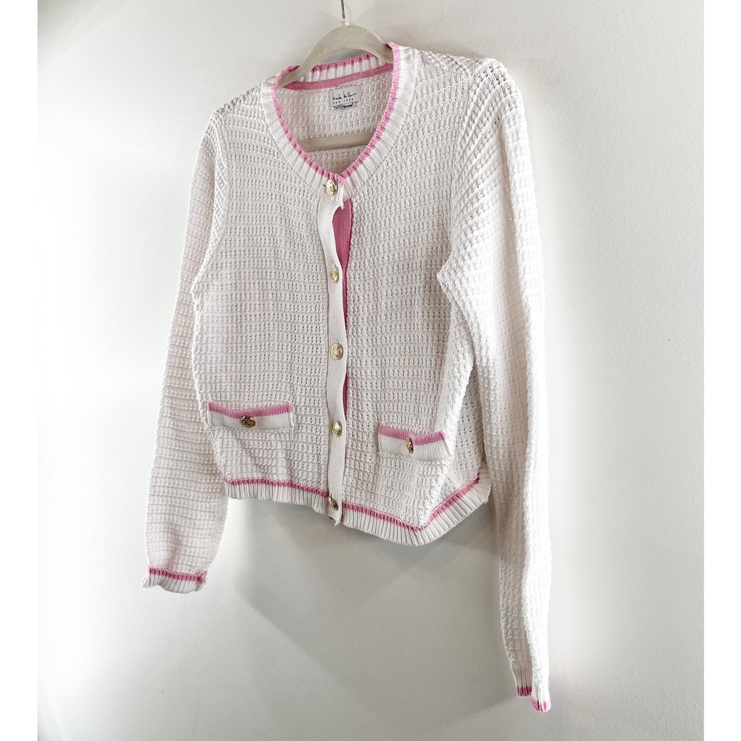 Nicole Miller Long Sleeve Cotton Button Up Cardigan Sweater White Pink Medium
