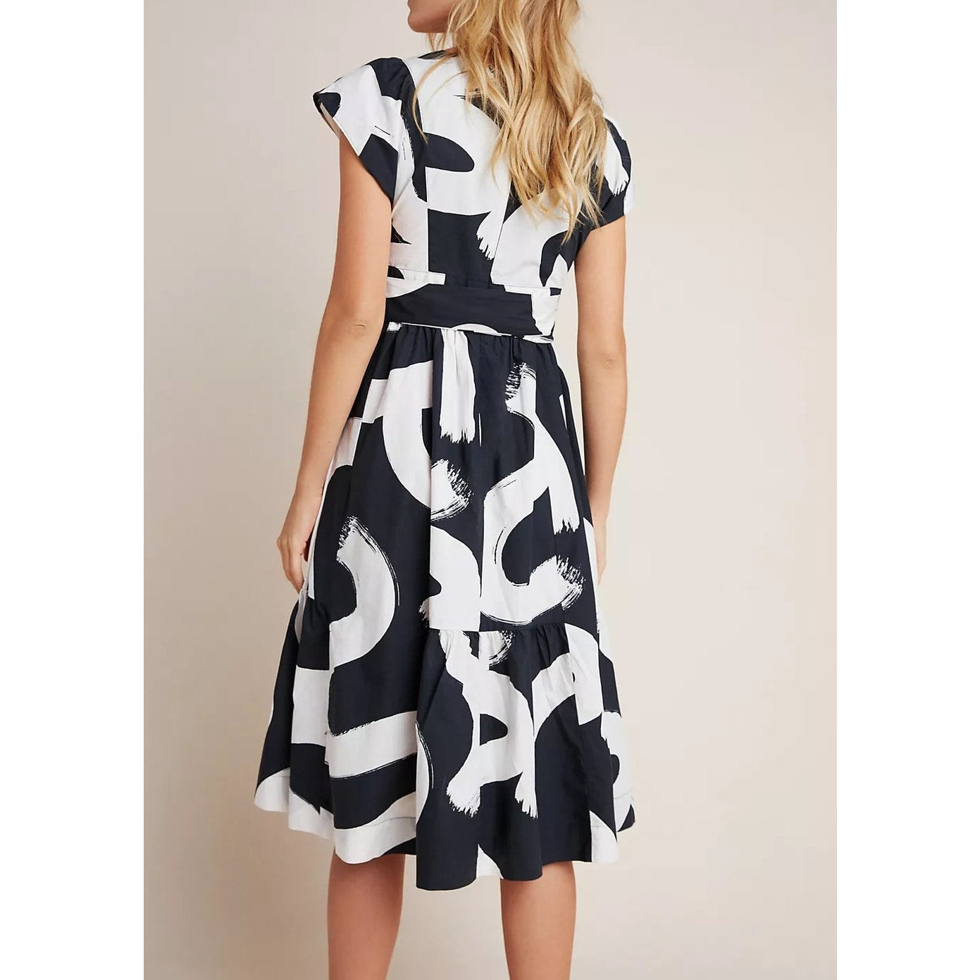 Maeve Anthropologie Mairead Short Sleeve Cotton Printed Midi Dress Black White 6