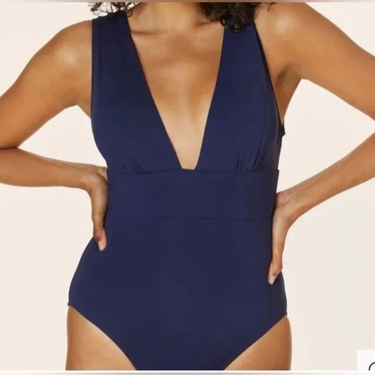 Andie Mykonos Plunge V Neck One Piece Swimsuit Navy Blue Large