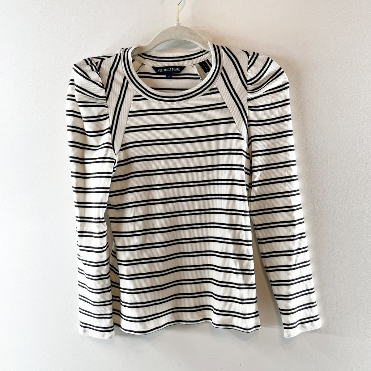 Veronica Beard Delano Puff Long Sleeve Striped Tee Shirt Top Black White XS