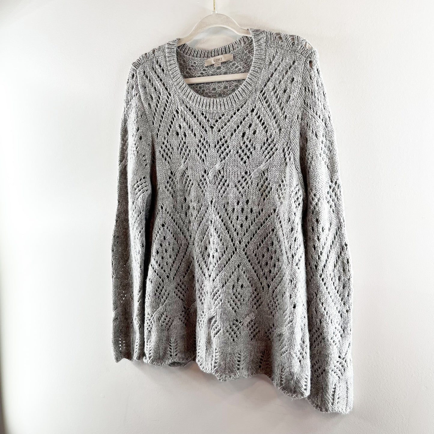 LOFT Pointelle Knit Long Sleeve Crewneck Sweater Gray Large