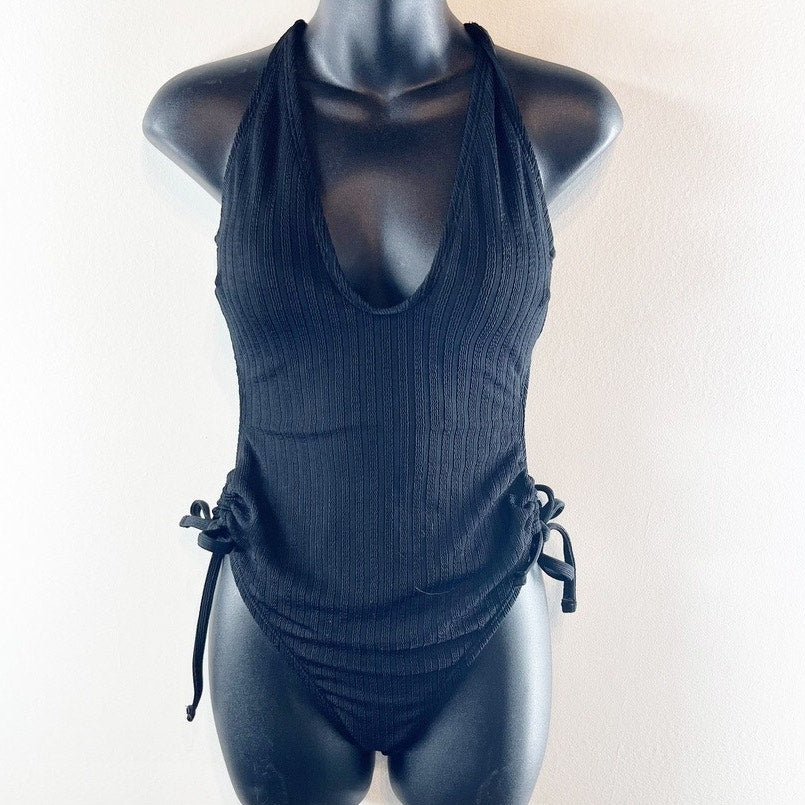 Cupshe Ribbed Side Cutout Plunge Front Side Tie One Piece Swimsuit Black Medium