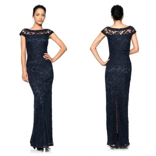 Tadashi Shoji Embroidered Banded Lace Maxi Length Gown Dress Navy Blue 4