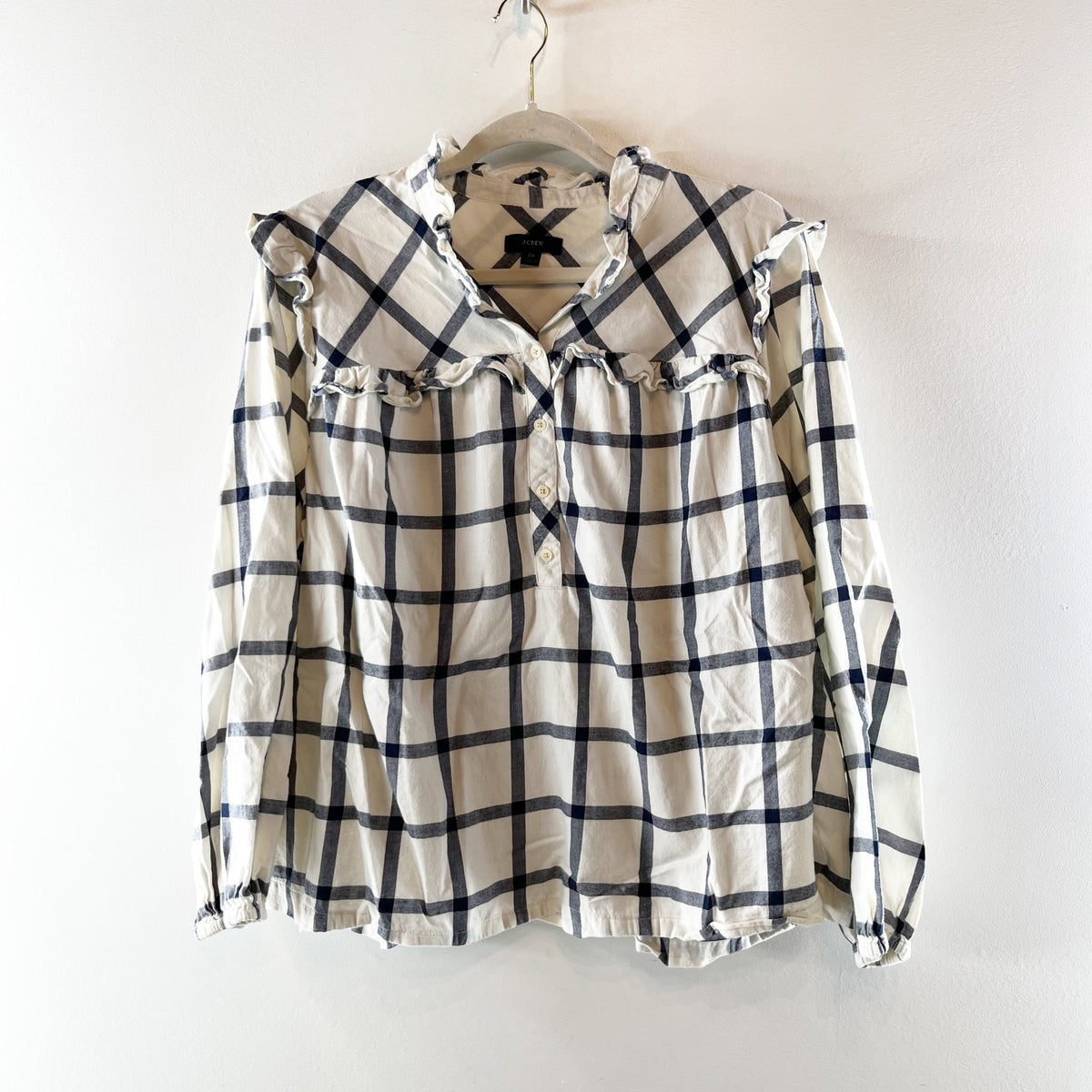 J. Crew Flannel Windowpane Long Sleeve Popover Blouse Top Ivory Navy Blue 2X